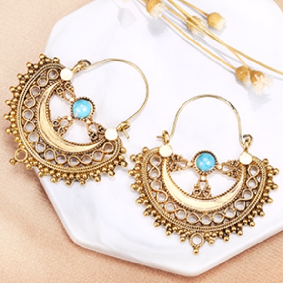::⚜️Exotic Bohemia Turquoise+Gold Hoop Earrings - Picture 5 of 6